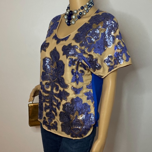 Neiman Marcus Tracy Reese blue silky back w nude front blue sequined front tunic - Picture 8 of 16